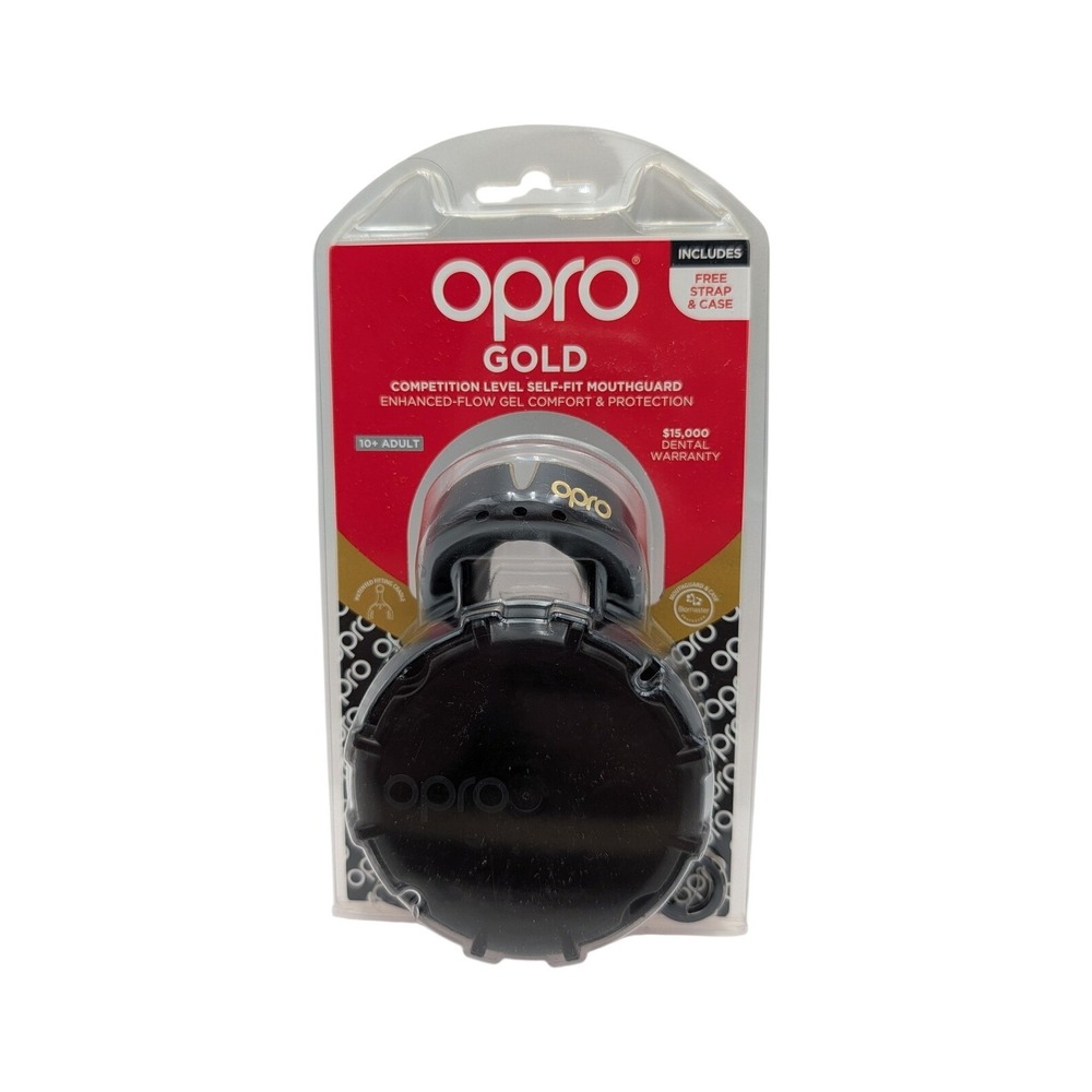 OPRO Gold Mouthguard Adult Unisex Size L Black Gold W/ Case Strap Sports UK